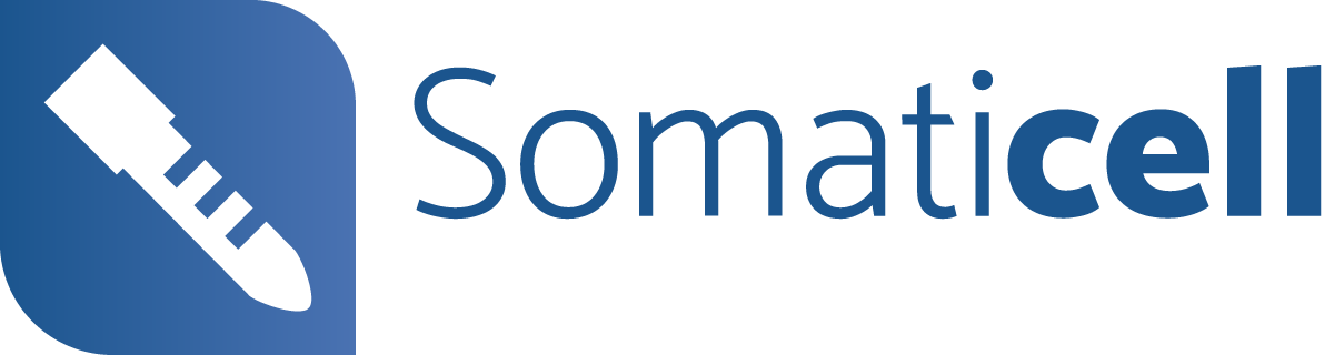 Logotipo da Somaticell com um ícone azul e marca denominativa azul sobre um fundo branco.
