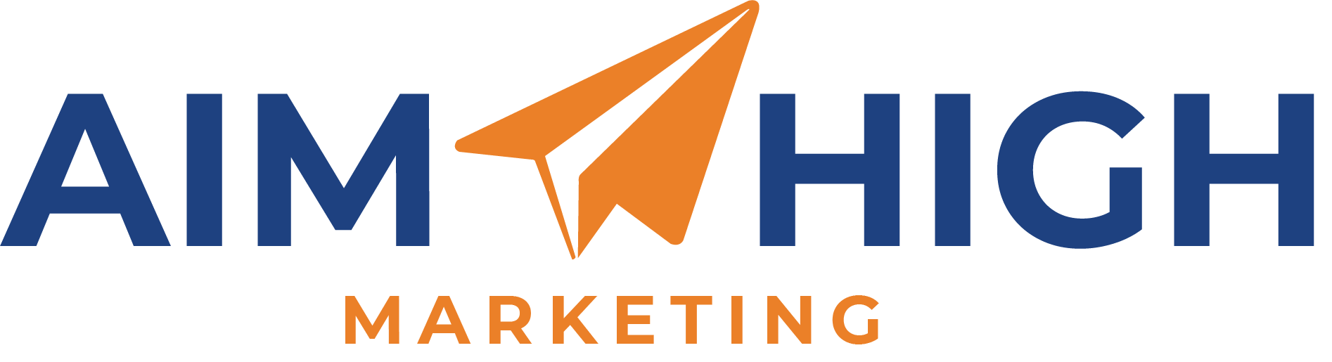 A logo for aim high marketing with an airplane on it.