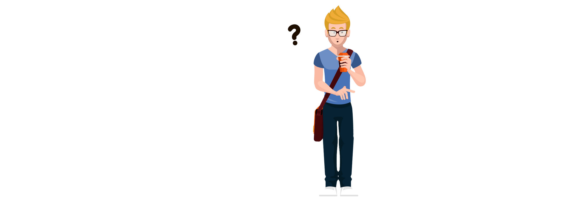 A man with a backpack is standing next to a question mark.