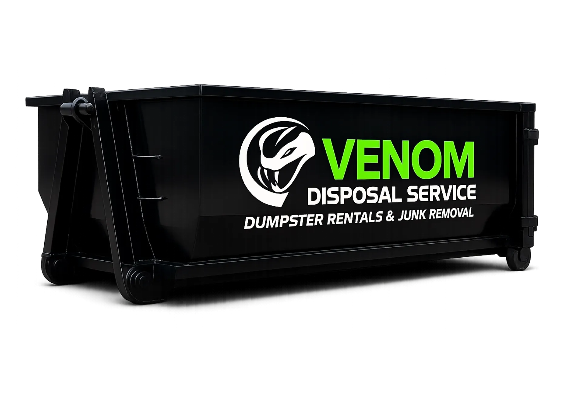 Black Venom Disposal Service dumpster. White logo: a snake's head. Green text: