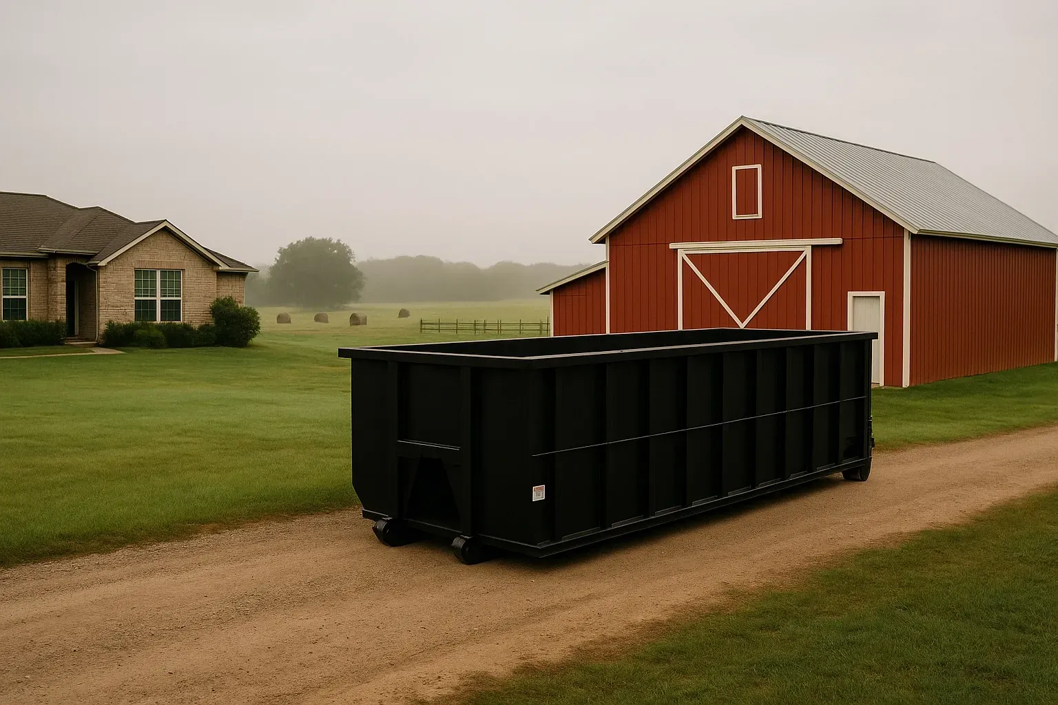 Black dumpster on gravel driveway near a house and red barn, in a foggy, rural setting.