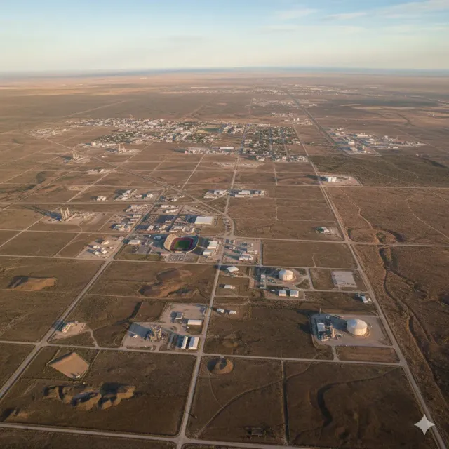Aerial view of a town in a desert landscape with buildings and infrastructure.