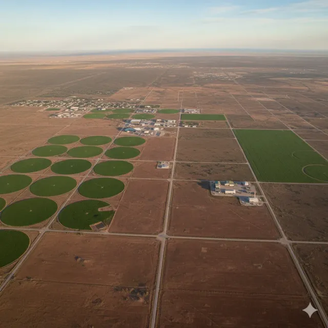 Aerial view: Brown landscape with circular green crop fields, buildings, and roads.