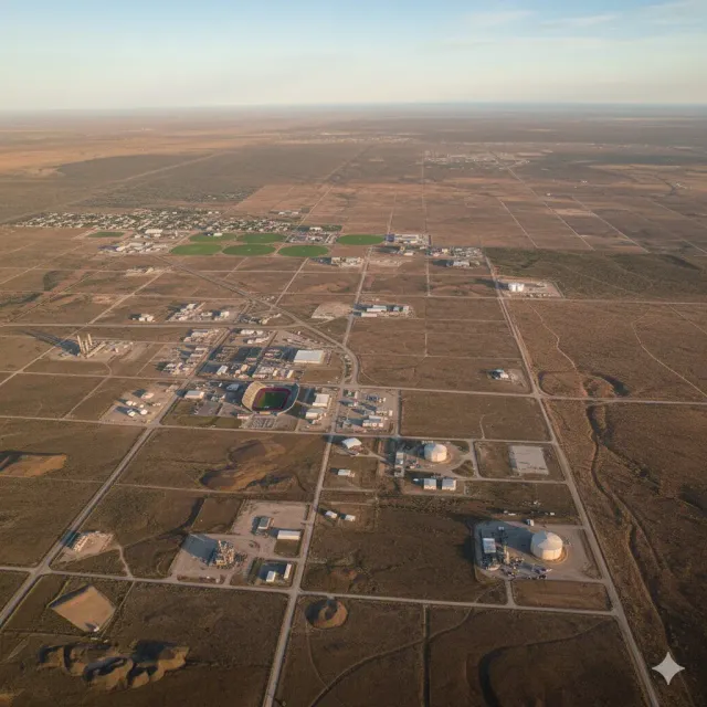 Aerial view of an industrial complex in a desert landscape. Rows of buildings, tanks, and roads are visible.
