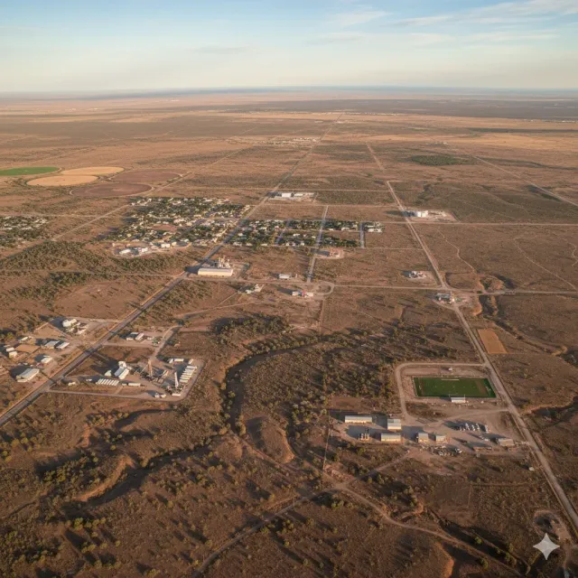 Aerial view of a sparse town in a desert landscape, with buildings, roads, and a soccer field.