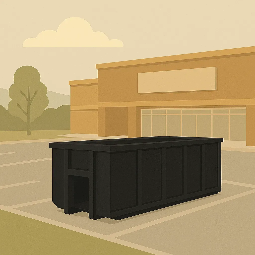 Black dumpster in a parking lot in front of a beige building.