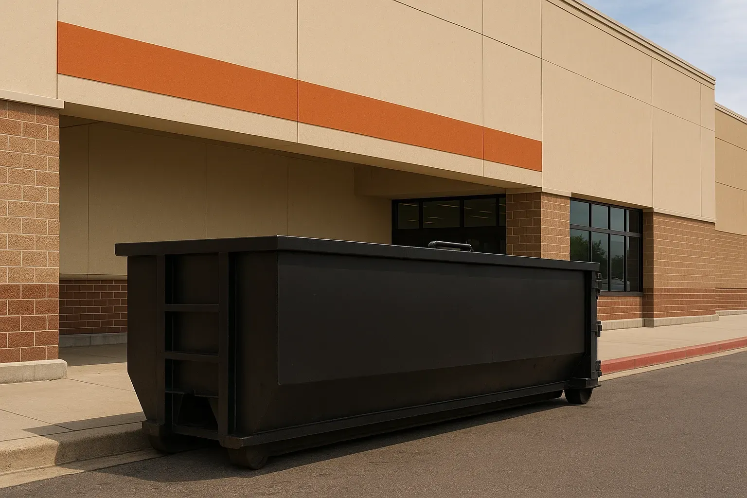 Black dumpster outside a beige and orange commercial building.
