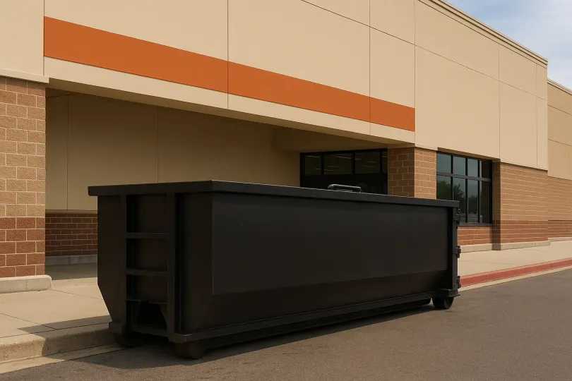 Black dumpster outside a beige and orange commercial building.