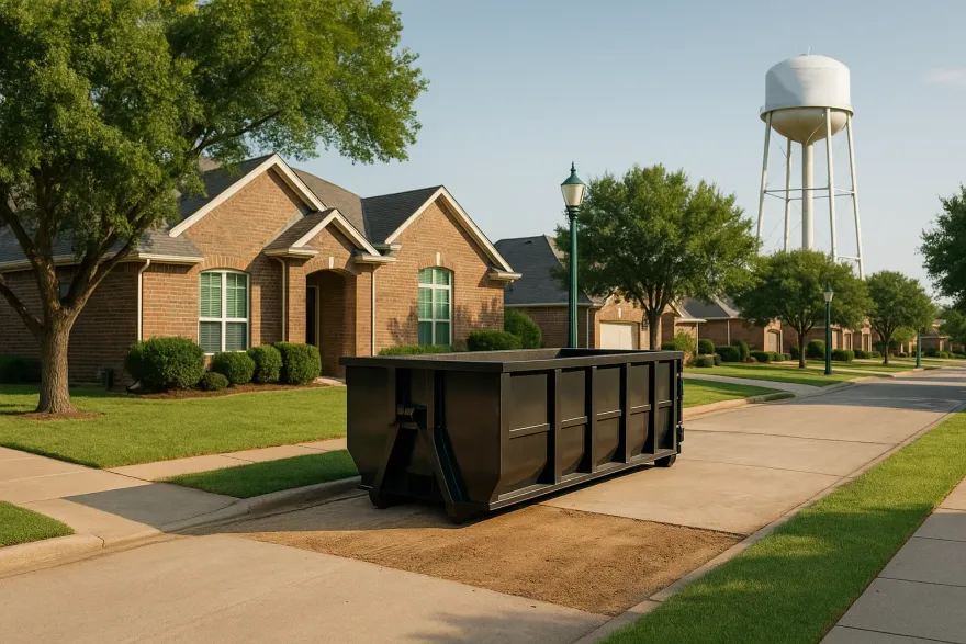 Dumpster on a residential street with houses and a water tower in the background.