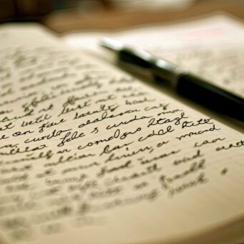 Open notebook with handwritten notes and a black pen resting across the pages.