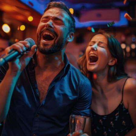 Two people singing into microphones at a lively nightclub, eyes closed, with colorful lights in the background