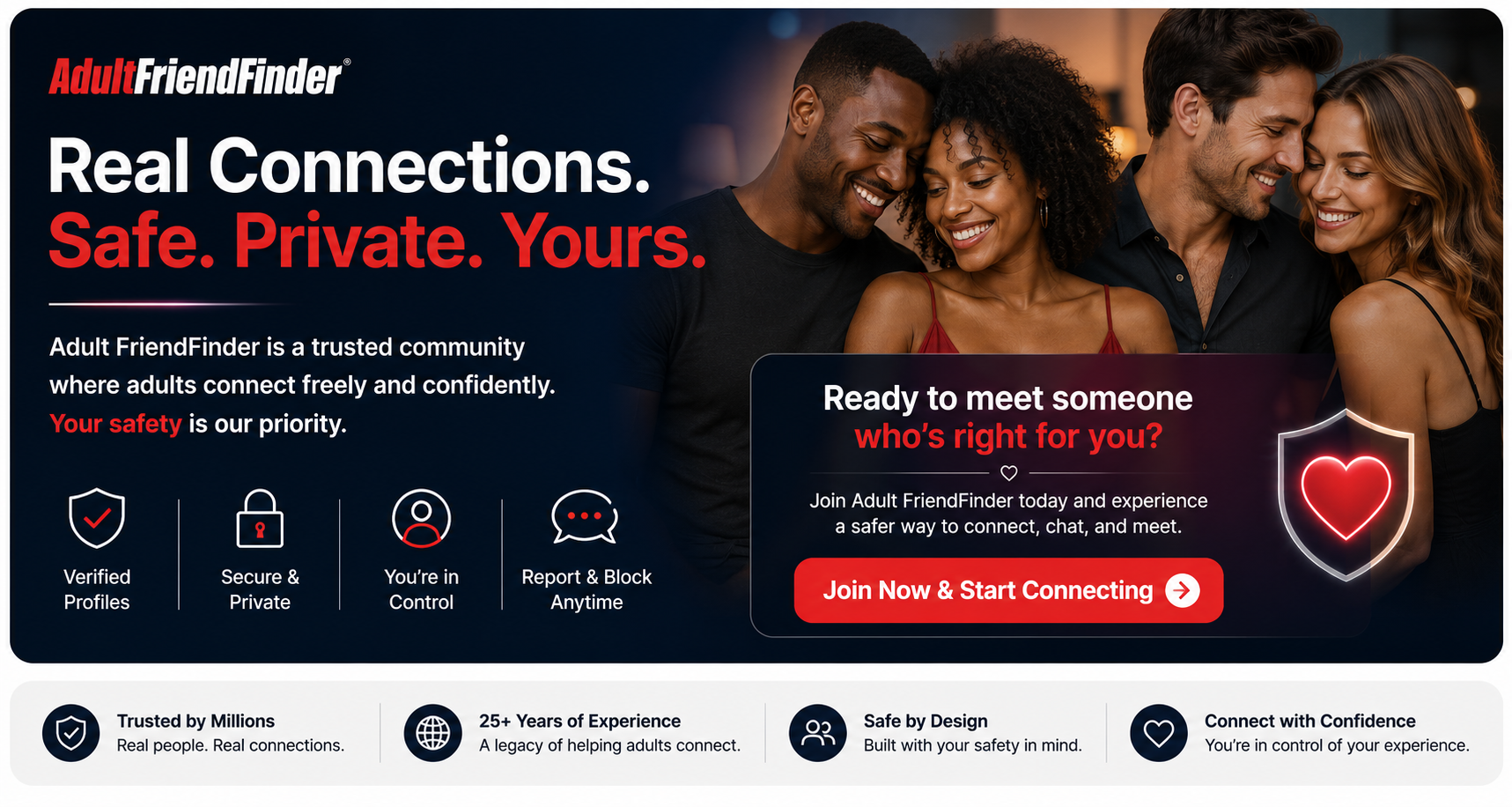Real Connections, Safe and Private | adult friend finder Banner