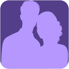 Purple silhouette of two people, one taller than the other, on a rounded-square background