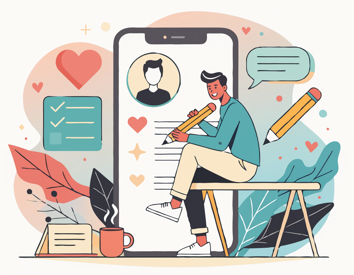 Person sketching at a desk beside a large smartphone, with heart and chat icons around them.