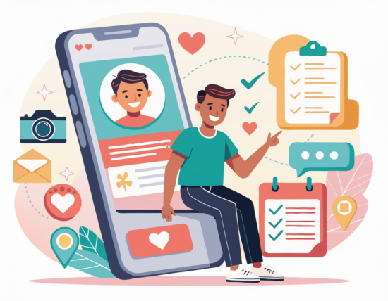 Person beside a giant smartphone with checklist icons, hearts, and chat bubbles in a bright app interface