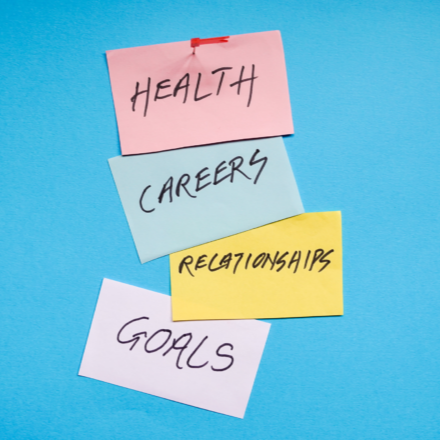 Sticky notes labeled health, careers, relationships, and goals on a blue background