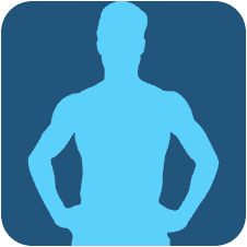Blue silhouette of a person standing with hands on hips inside a rounded square icon