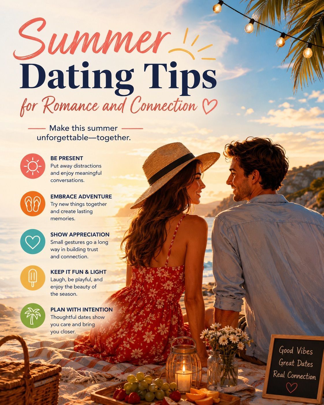 Summer Dating Tips for Romance and Connection Info-graphic of Tips for Summer Dating