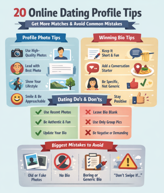 Infographic of 20 online dating profile tips, with blue and orange sections and icons for profile, dating do's and don'ts.