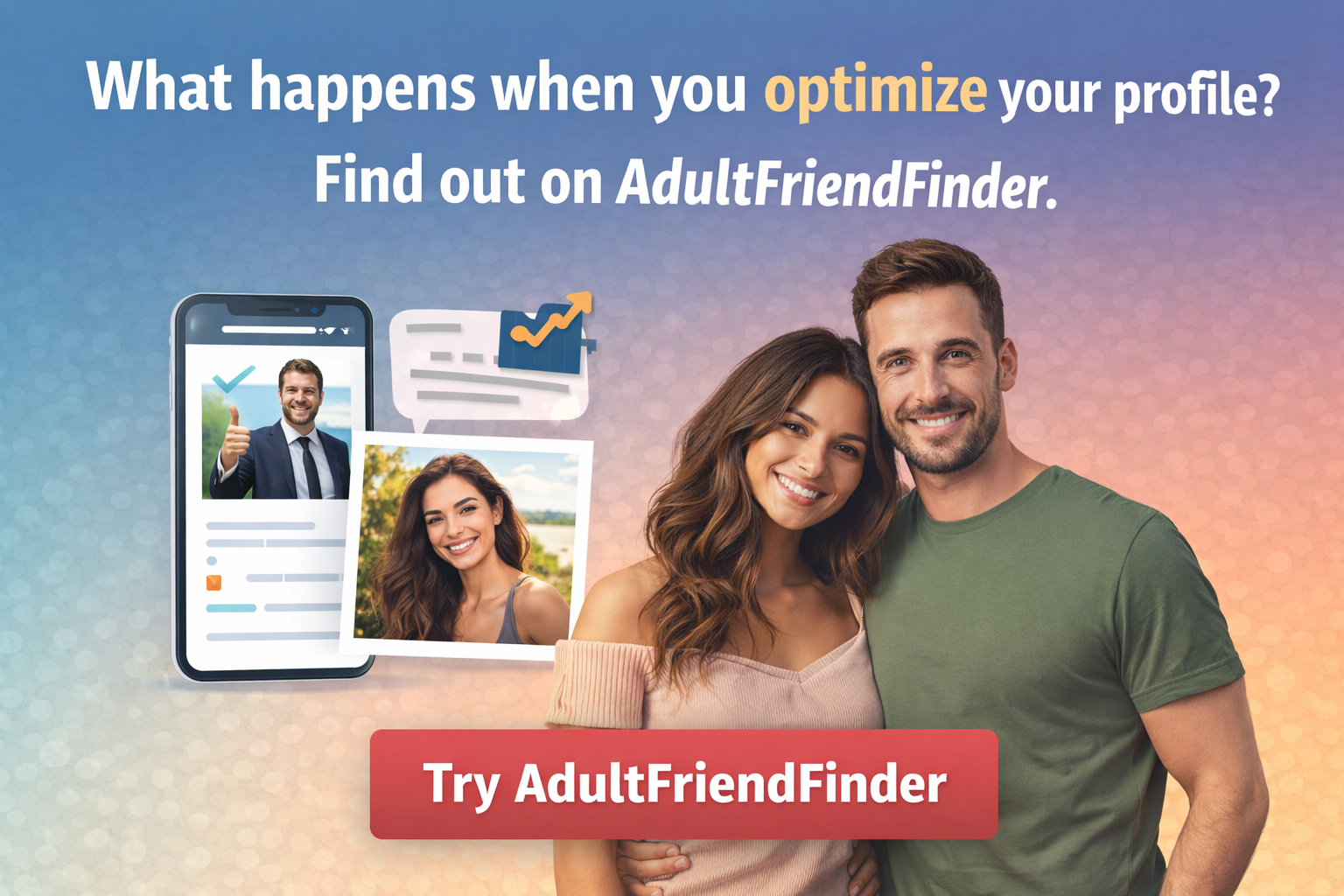 Smiling couple, phone profile graphic, and “Try AdultFriendFinder” button on colorful background