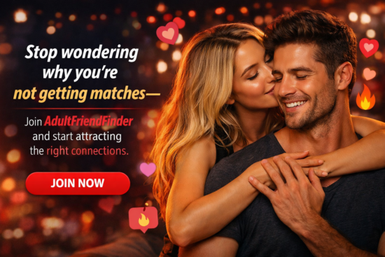 Couple embracing with hearts; dating app ad saying “Stop wondering why you’re not getting matches” and “JOIN NOW”