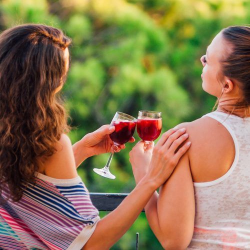 Two women toast with red drinks on a balcony overlooking a green landscape.