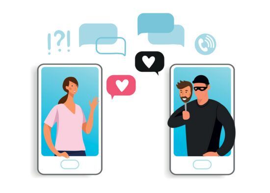 Two smartphones with chat bubbles, hearts, and a masked person on the right screen