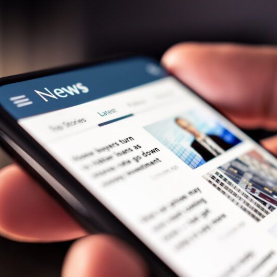 Hand holding a smartphone showing a news app with headlines and article thumbnails
