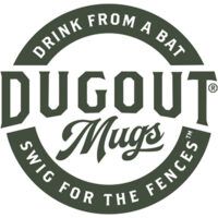 Dugout Mugs logo: Dark green circular design with text 