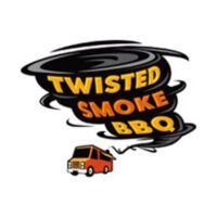 Twisted Smoke BBQ logo: orange food truck below a black and yellow tornado with 