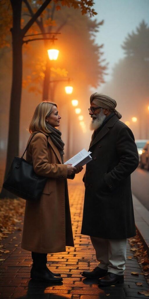 A person in a coat holds a book while speaking to an elderly man on a foggy, illuminated city sidewalk during autumn.