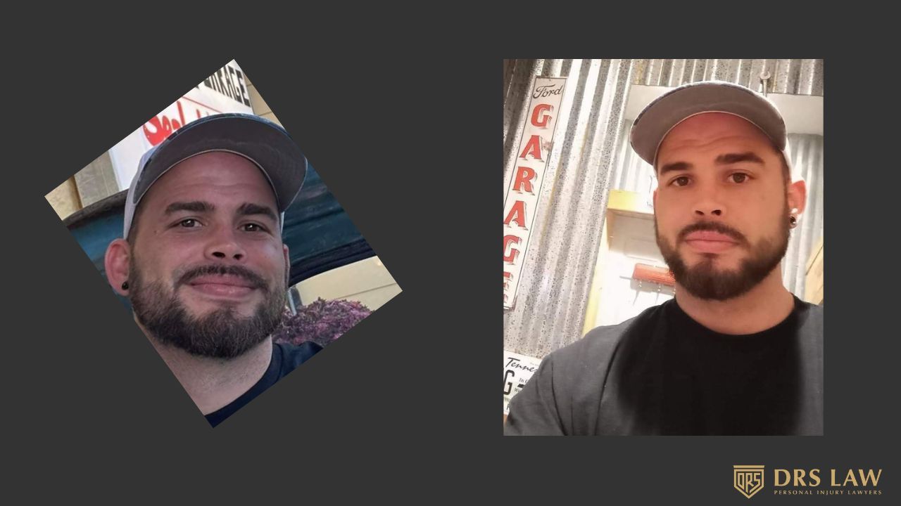 Two portraits of a person wearing a cap, next to a DRS Law logo.