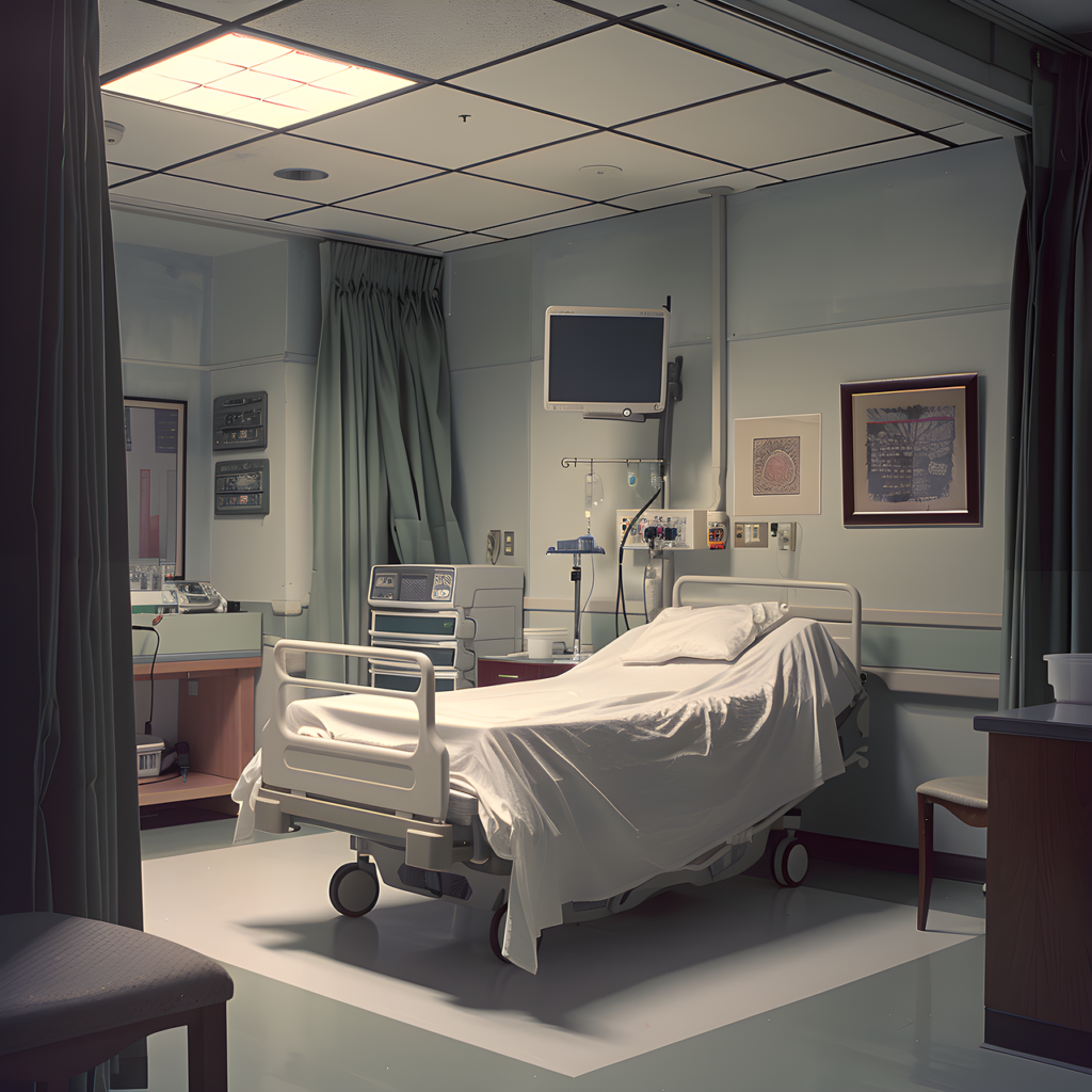 An empty hospital room featuring a bed with white linens, medical equipment, and curtain partitions.