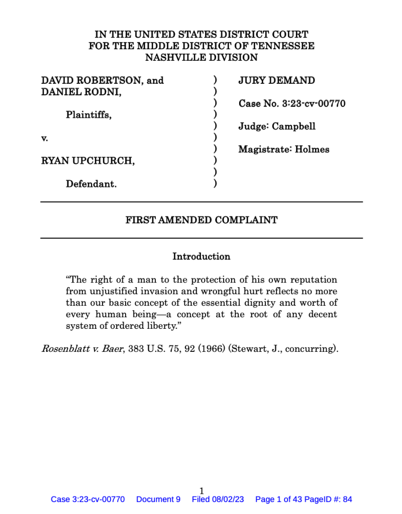 First page of a First Amended Complaint filed in U.S. District Court, Middle District of Tennessee, Nashville Division.