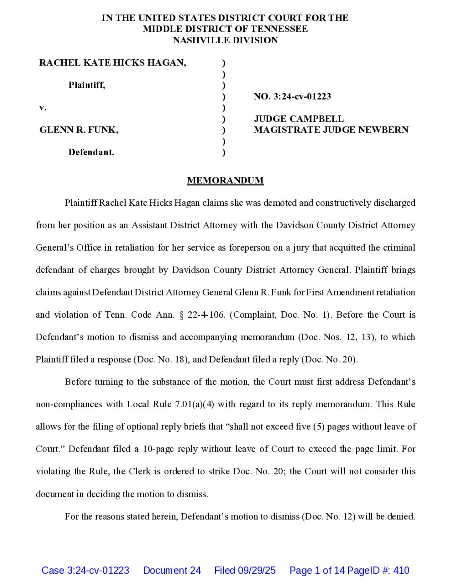 A memorandum from the U.S. District Court for the Middle District of Tennessee regarding a dismissal of a civil case.