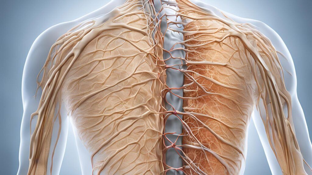 A medical illustration of a human torso showing the spinal cord, central nerve column, and radiating nerve networks.