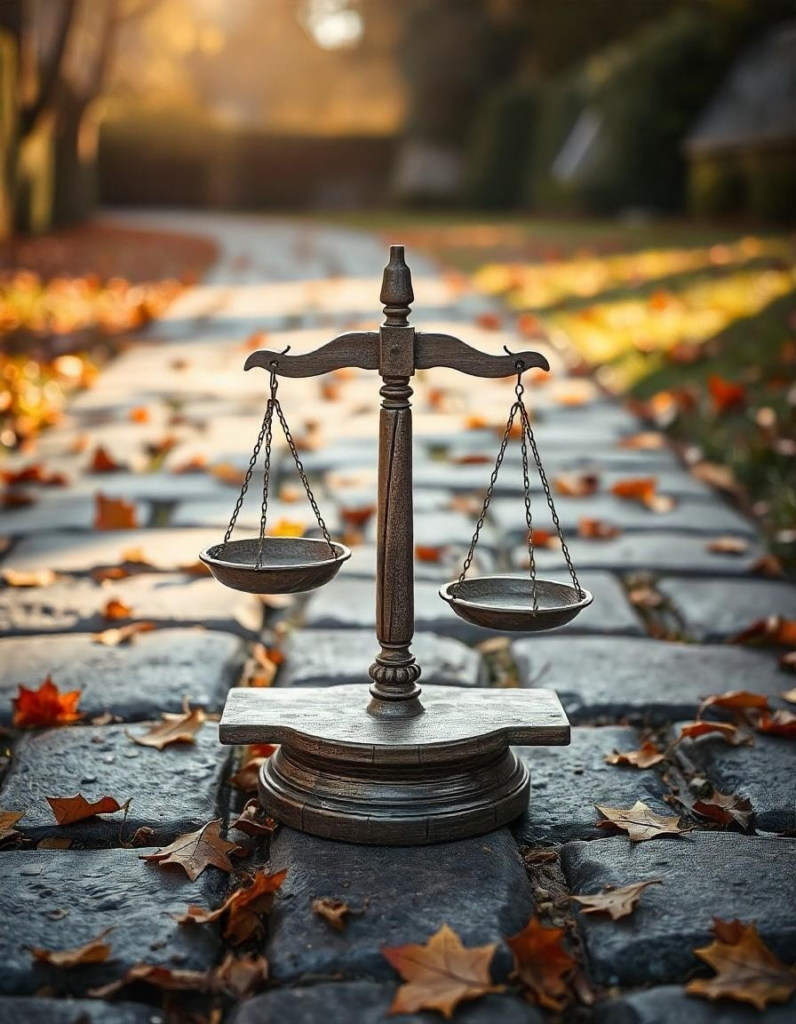 A vintage metal scale of justice sits on a cobblestone path scattered with fallen autumn leaves in soft, golden light.