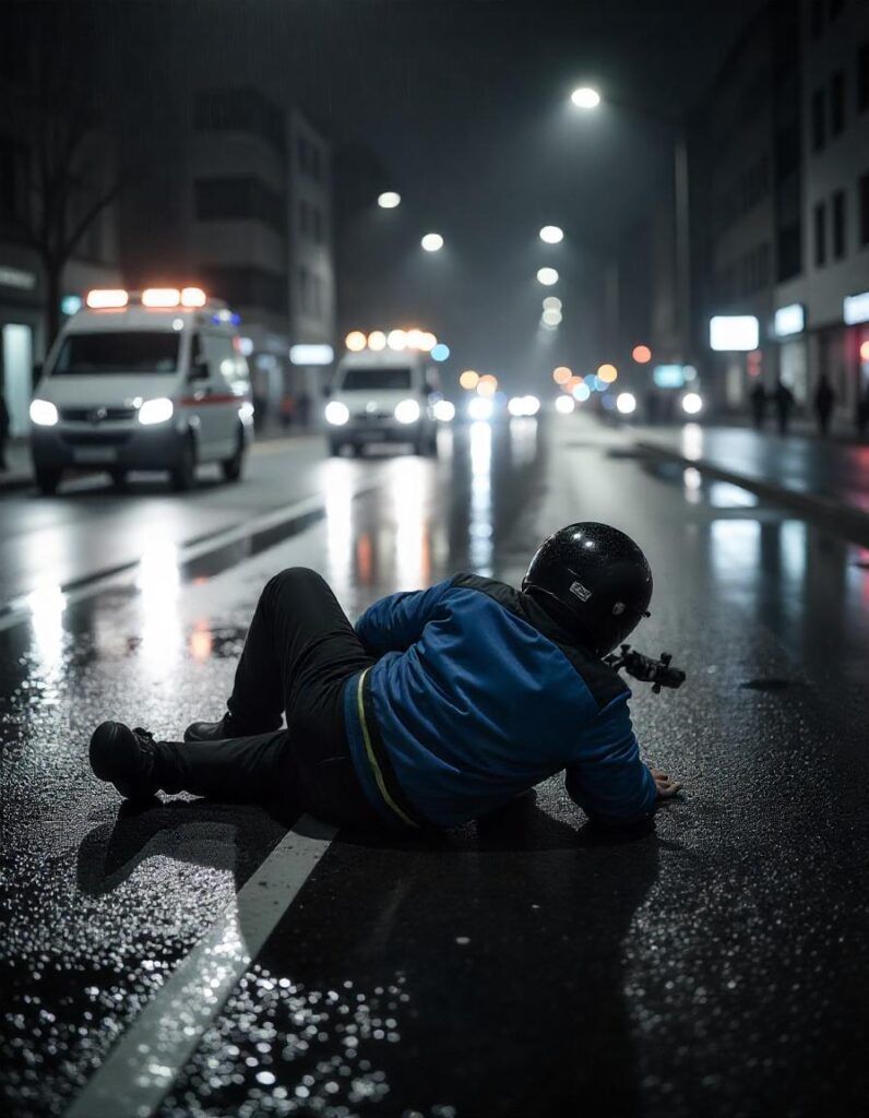 A person in a blue jacket and helmet lies on a rain-slicked city street at night, with emergency vehicles nearby.