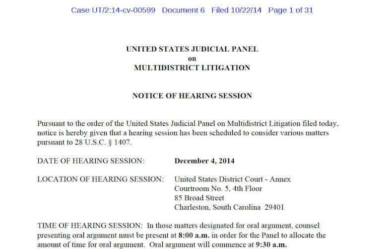 A document from the U.S. Judicial Panel on Multidistrict Litigation, announcing a hearing on December 4, 2014.