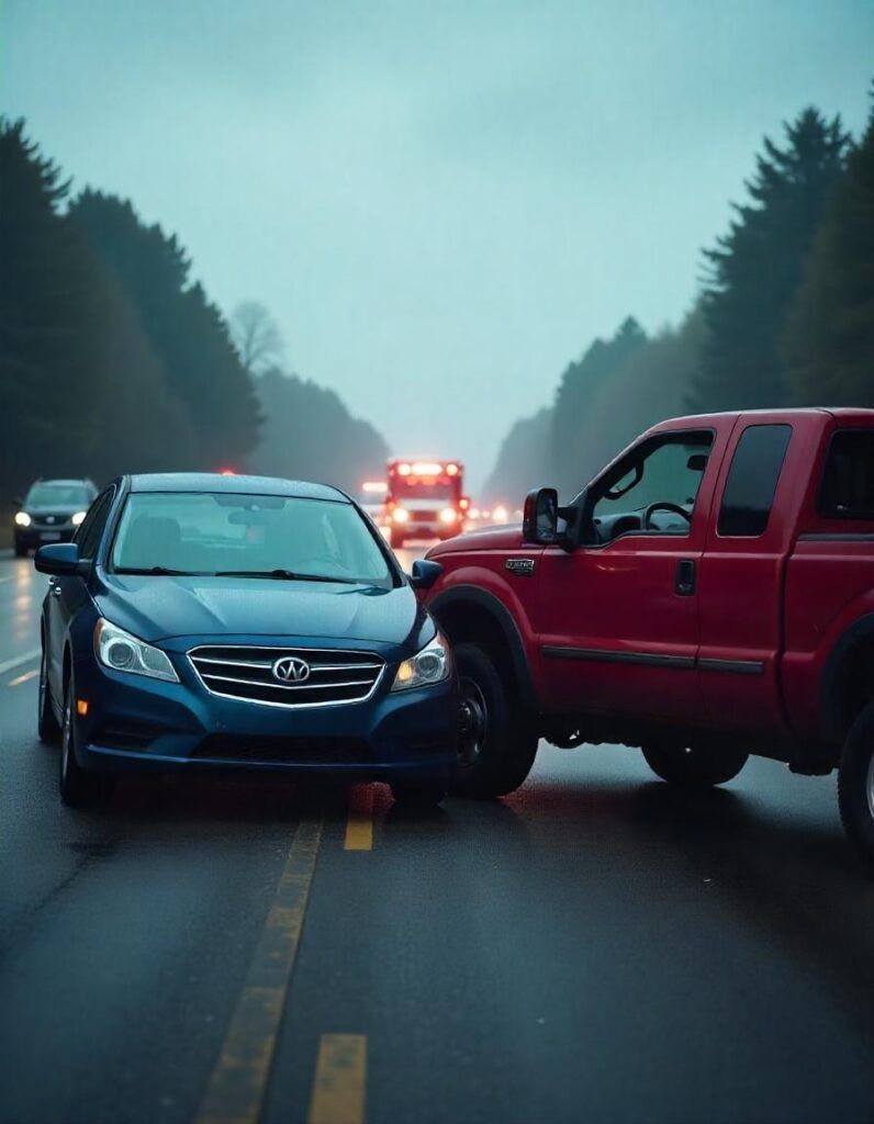 A dark blue sedan and a red pickup truck have collided on a foggy road, with an emergency vehicle approaching in distance.