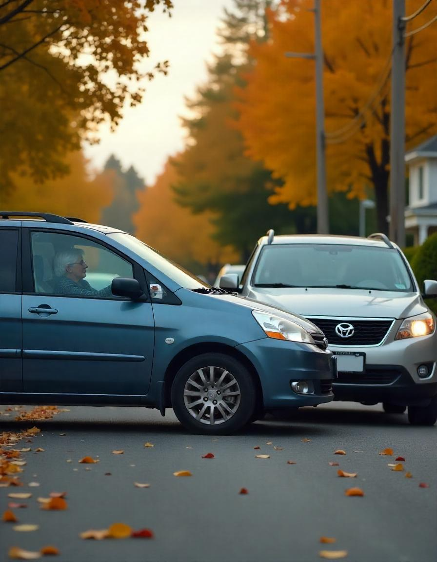 A side-view of a blue vehicle stopped in a road with a gray car approaching, framed by trees with autumn foliage.