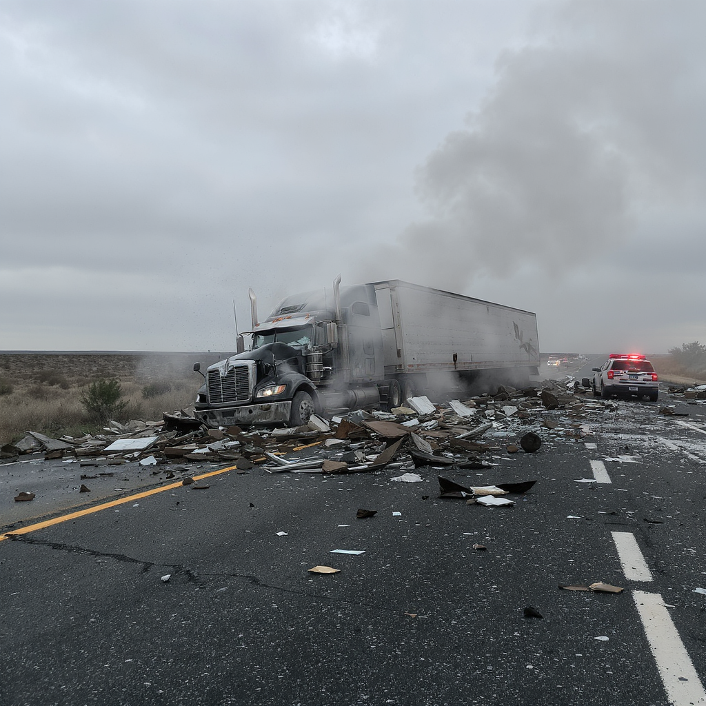 A wrecked semi-truck sits on a wet highway with smoke rising, debris scattered across the road, and an emergency vehicle.