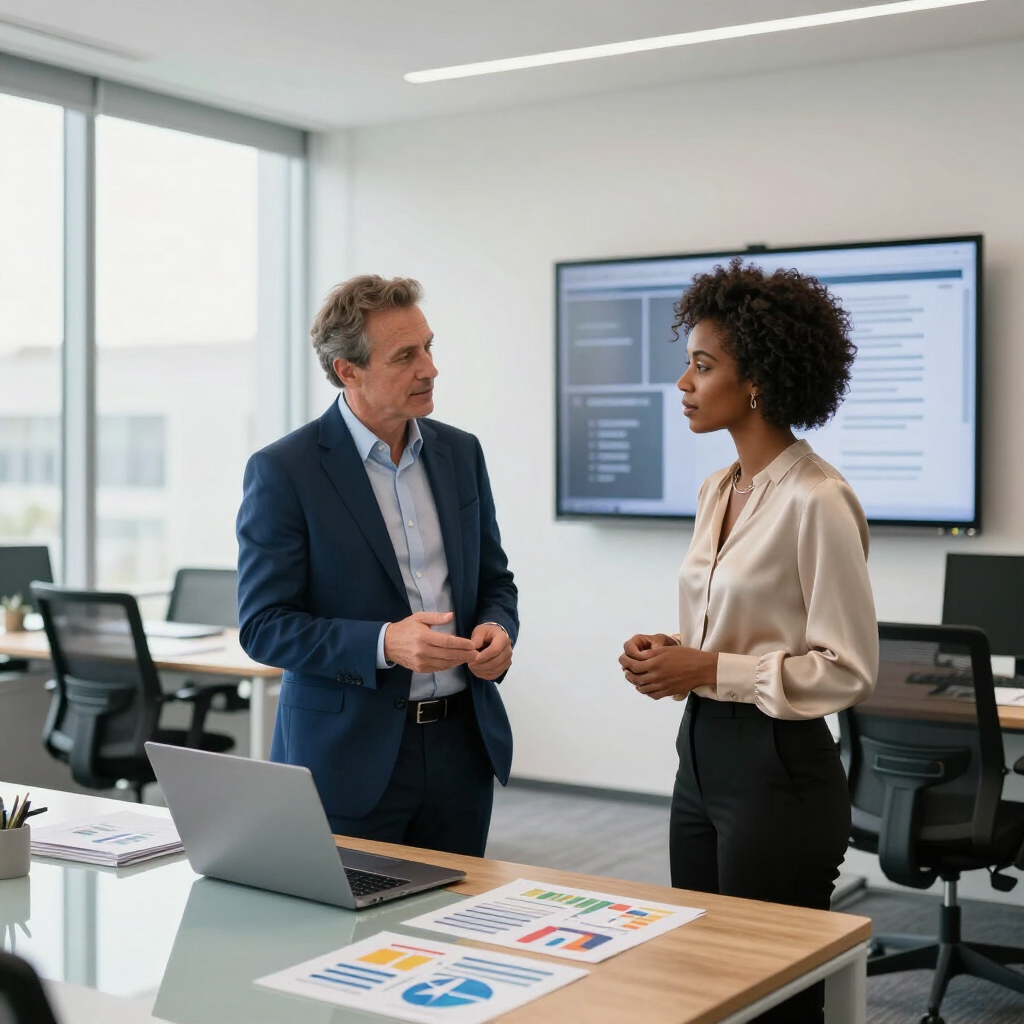 Two colleagues discussing charts in a modern office meeting room