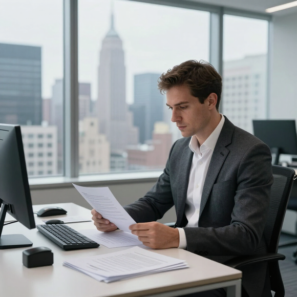 PR professional reviewing a press release in a modern NYC office
