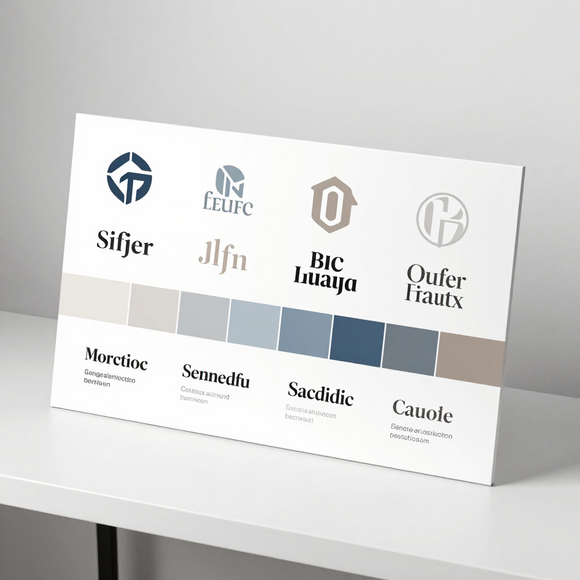 Brand identity board with logo variations, color swatches, and typography samples