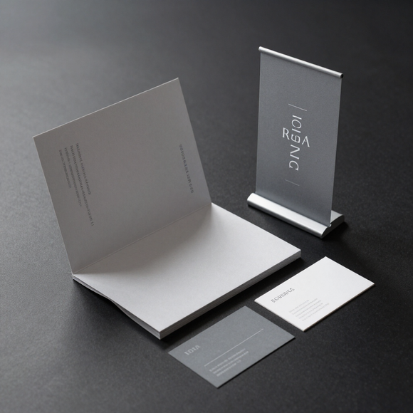 Premium business cards, folded menu, and pull-up banner on a dark studio surface