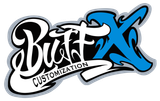 Logo for "BuffX Customization" featuring stylized white text on a black background with a large blue "X" and grey outline.