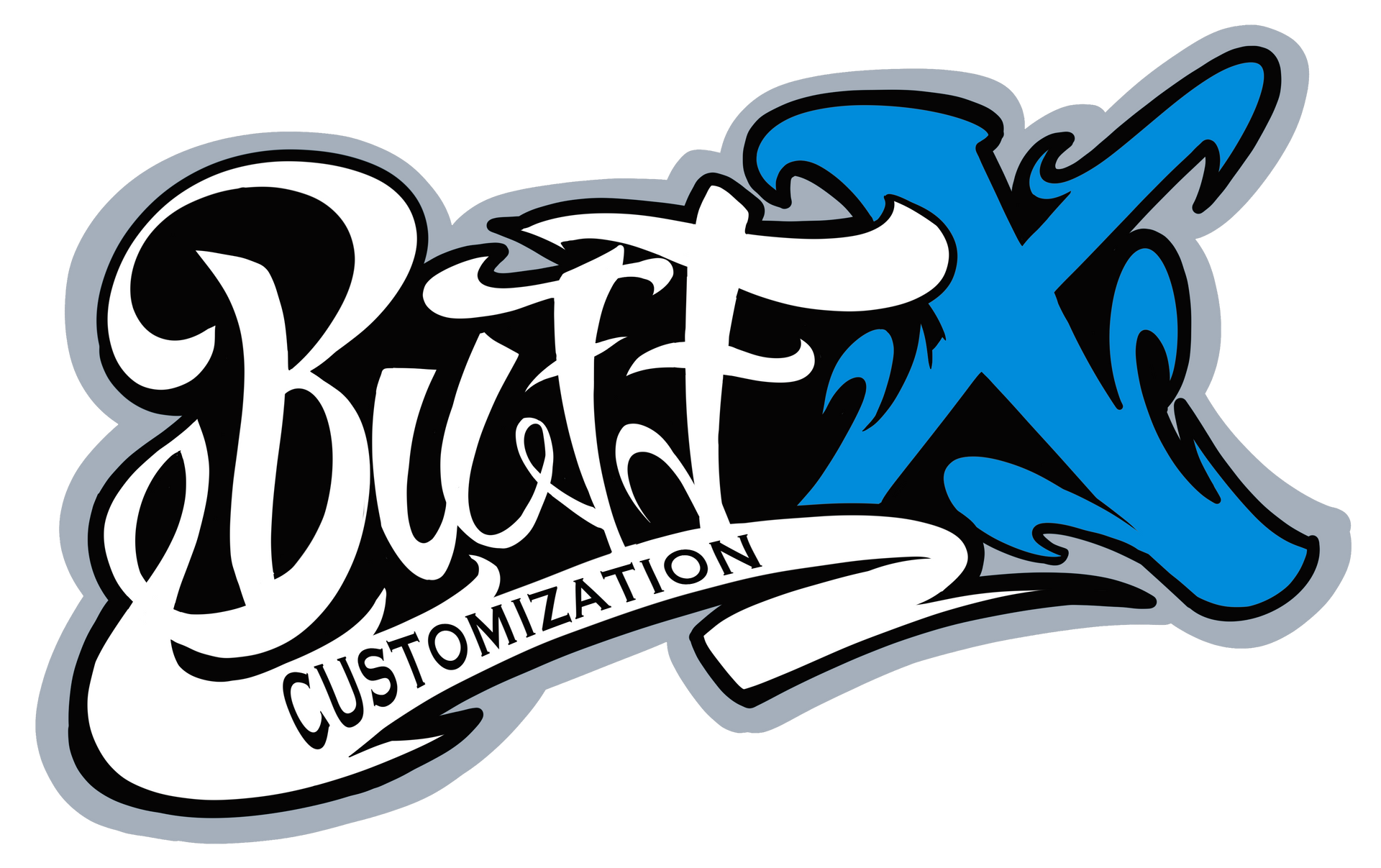 Logo for "BuffX Customization" featuring stylized white text on a black background with a large blue "X" and grey outline.