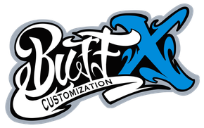 Logo for "BuffX Customization" featuring stylized white text on a black background with a large blue "X" and grey outline.