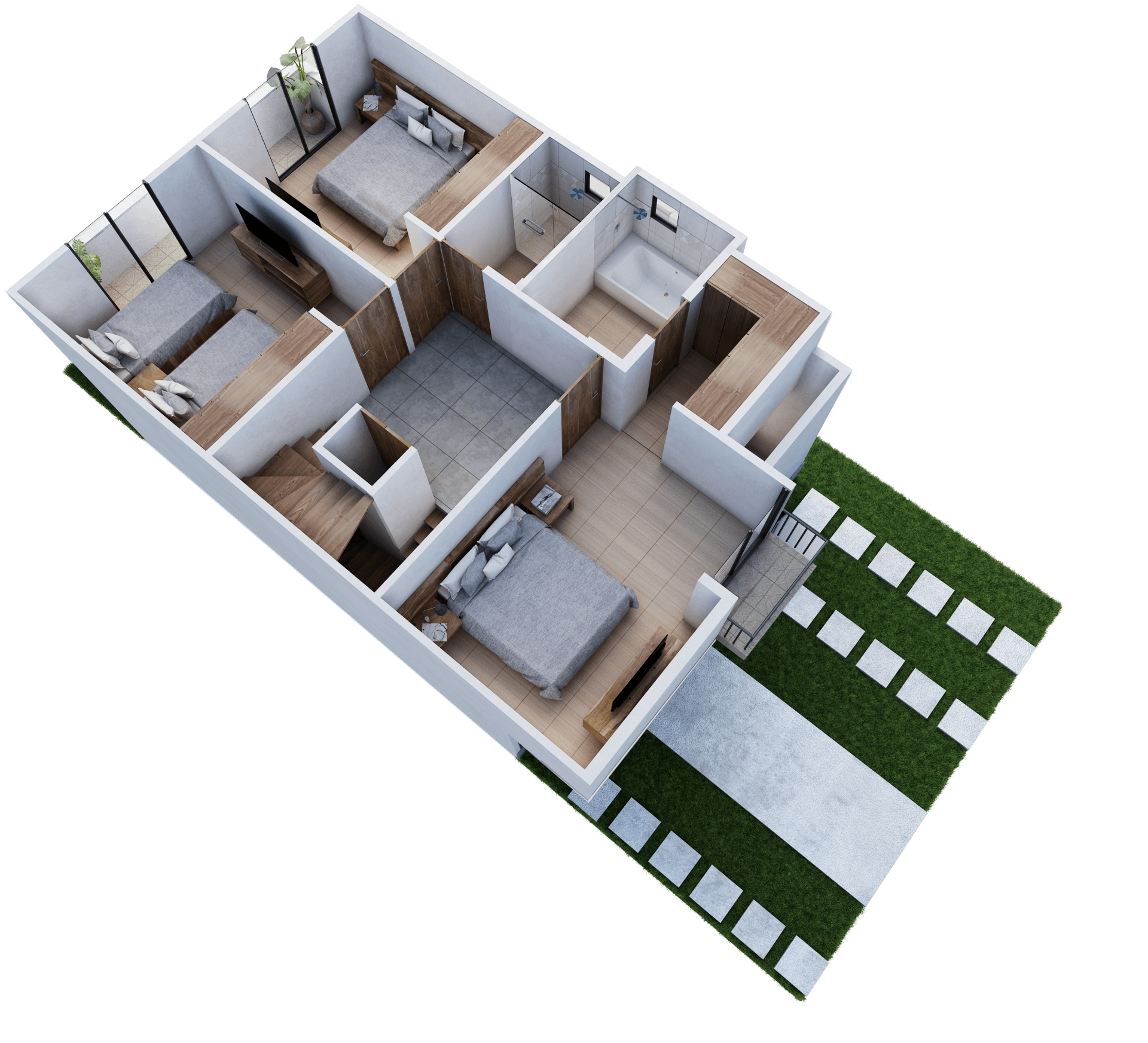 Un plano en 3D de una casa con entrada para vehículos.